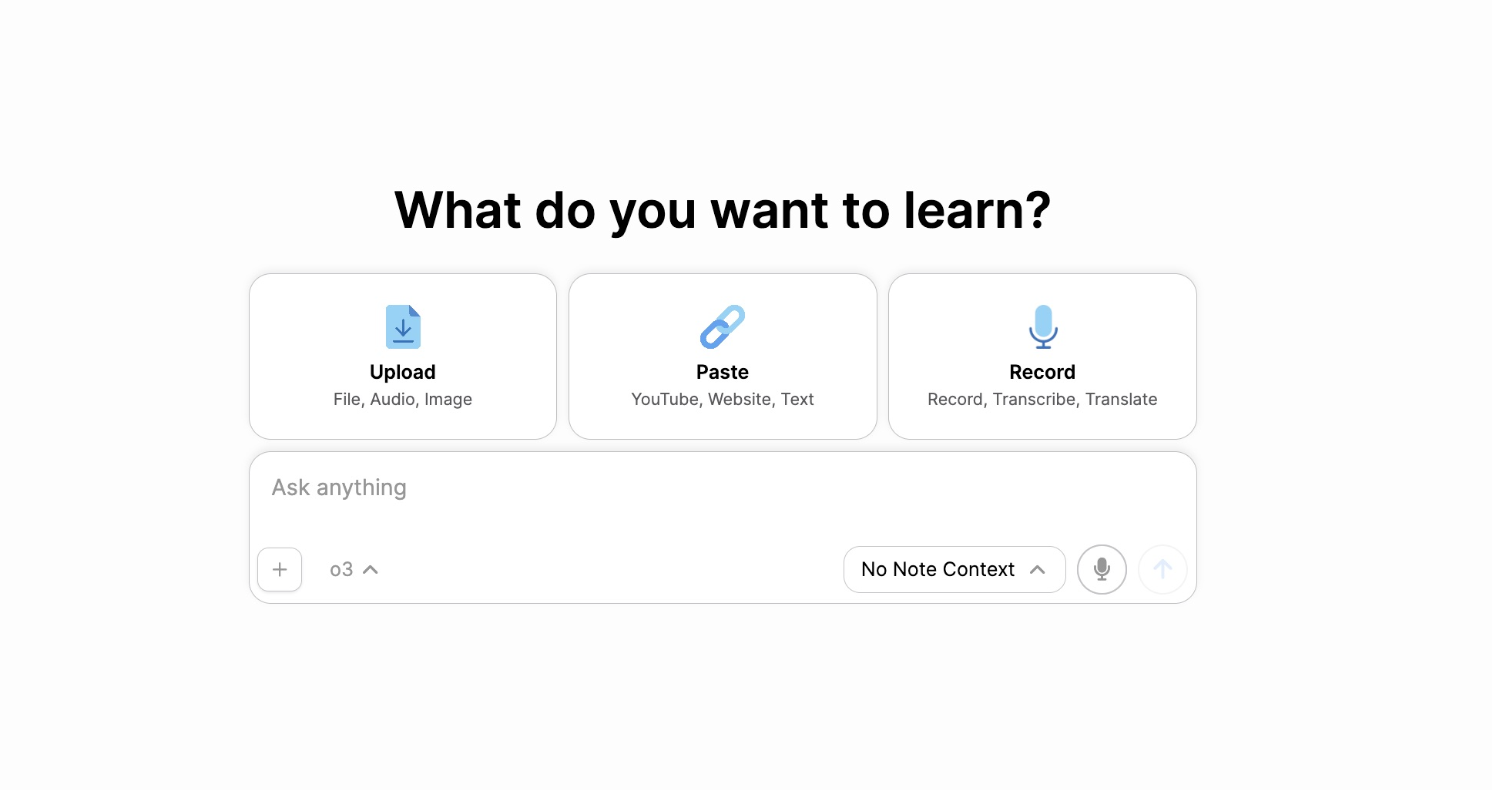 Personal capture screen with Upload, Paste, and Record options above an Ask anything field.