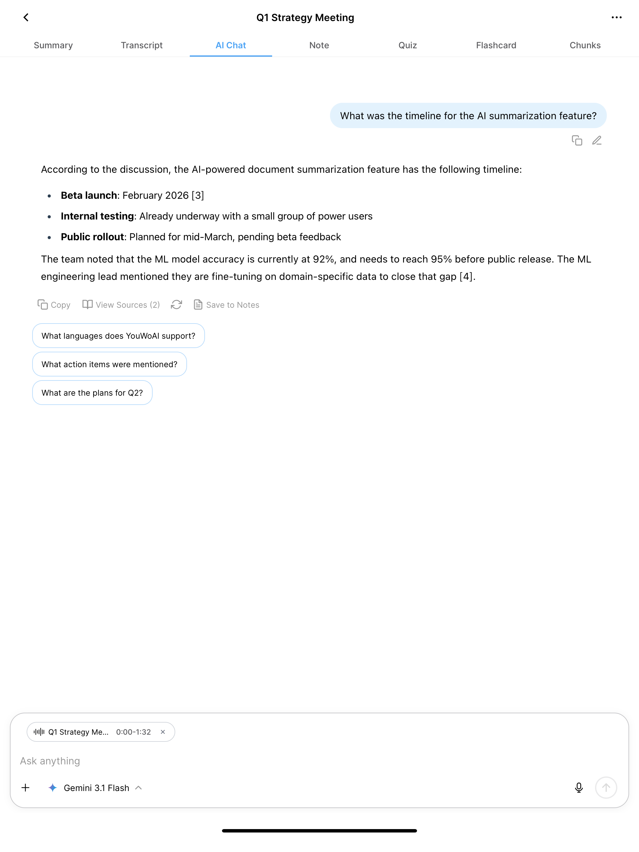 YouWo AI Chat answering a question about a meeting with numbered citations, View Sources, and Save to Notes.